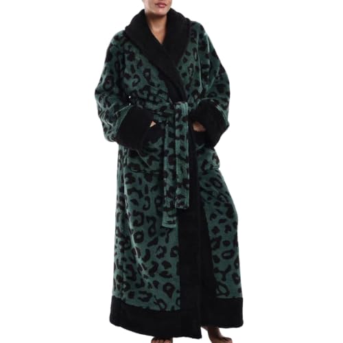 Image of Generisch 2026 Flannel Bathrobe with Leopard Print Lapel Collar Belt Women Men Lounge Garment Long Sleeve Sleep Gown for Home Daily Wear, Green, One Size