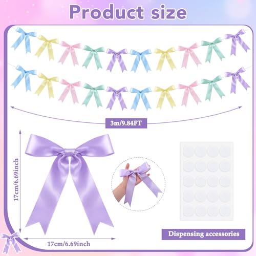 Image of NatNarr 2 Pcs Pastel Bow Garland Banner, Pre-Strung Satin Ribbon Bow Banner Pastel Party Decorations for Home Classroom Decor Bridal Baby Shower Birthday
