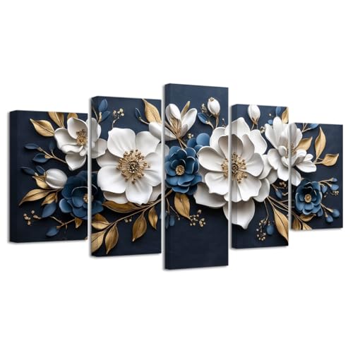 LZIMU Large Canvas Wall Art for Living Room 5 Pieces White Floral Picture Abstract White Blue and Gold Paintings Botanical Floral Prints for Home Decor Framed (Blue, 8x14inx2 8x18inx2 8x22inx1)