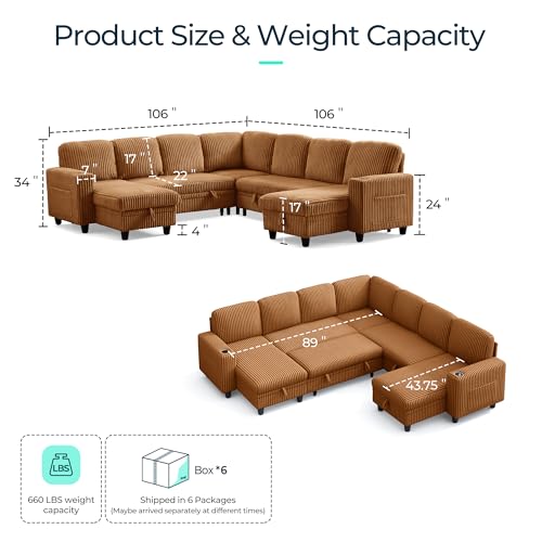 Image of LINSY HOME Sectional Sleeper Sofa with Pull Out Couch Bed - Convertible Plush Corduroy Cloud Couches with Storage Chaise & USB Charging, Comfy Modular Couch for Living Room, Brown