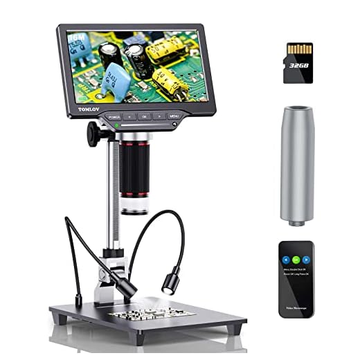 TOMLOV HDMI digitalt mikroskop, 16MP 7" LCD-myntmikroskop för vuxna, LED-lampor med touchkontroll, videomikroskop, kompatibelt med TV/Windows/Mac (32 GB-kort)