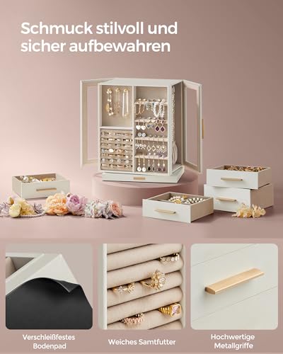 SONGMICS GISELLA Kollektion - Schmuckkästchen 360° drehbar, Schmuckkasten 5 Schubladen, seitliche Glasfenster, vertikale Schmuckaufbewahrung, offenes Design, Geschenkidee, wolkenweiß JBC170W01S