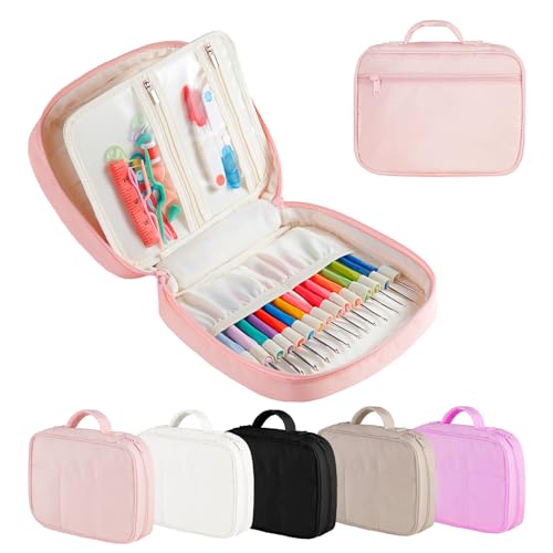 Crochet Hook Case, Lightweight Crochet Hook Organizer with Clear Zipper Pockets, Crochet Hook Holder for Knitting Needle Storage, Gift for Women and Crochet Enthusiasts (Pink)