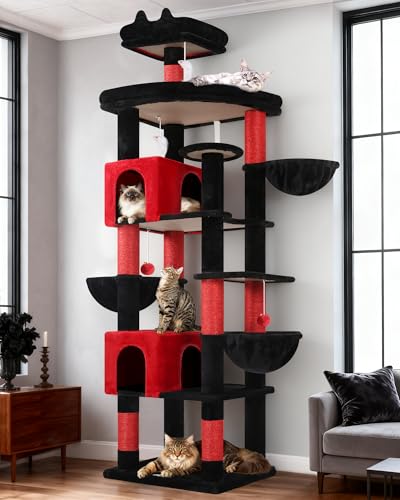 Image of Globlazer Extra Large Gothic Cat Tree Tower, 82in Tall Goth Heavy Duty Cat Tree for Indoor Cats Large Adult Big Cat Tower with 8 Scratching Posts, 2 Condos, 2 Perches, 3 Basket Beds, S82, Red Black