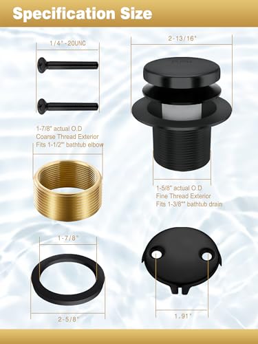 Tip-Toe Bathtub Drain Stopper, Tub Drain Set with 2-Hole Overflow Faceplate and Universal Fine/Coarse Thread, Bath Tub Plug Kit Assembly Fits 1-3/8" or 1-1/2" Bath Drain (Black) by Xhwlgbal - Image 8