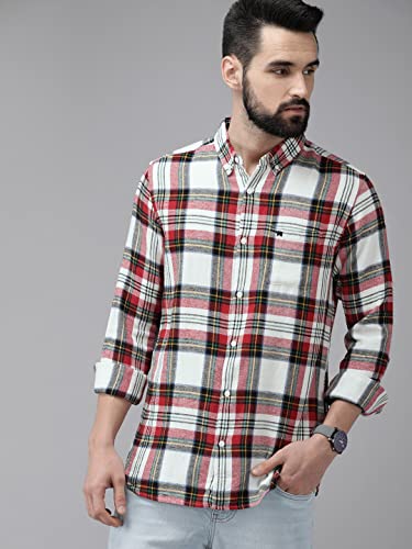 Image of THE Bear House Men's Cotton White & Red Slim Fit Checked Cotton Flannel Casual Shirt