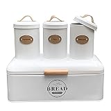 SOTECH Large Bread Box and 3 Pieces with Sugar Tea Coffee Containers Set,Vintage Metal Bread Boxes f