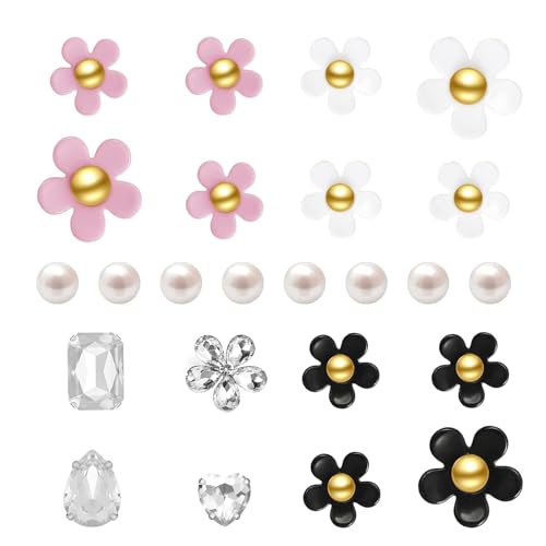 NEVEGE 24PC Flower Shoe Charms with Crystal Rhinestone Pearl Decorations - Cute Resin Bling Charms for Girls, Small, Plastic Pearl, Cubic Zirconia