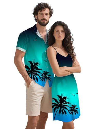 Image of DRESSFO Couple Matching Hawaiian Outfits Gothic Print V Neck Spaghetti Strap Dress or Roll Up Sleeve Shirts Outfit