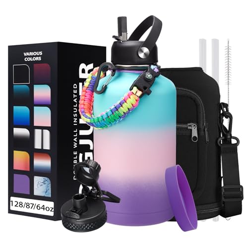 DIGJUPER 64OZ Insulated Water-Bottle with Paracord-Handle - Half Gallon Water Bottle Jug with Straw & Spout Lids, Bottle Sleeve & Boot, Keep Cold-48h Hot-24h for Fitness Camping Hunting, Hiking