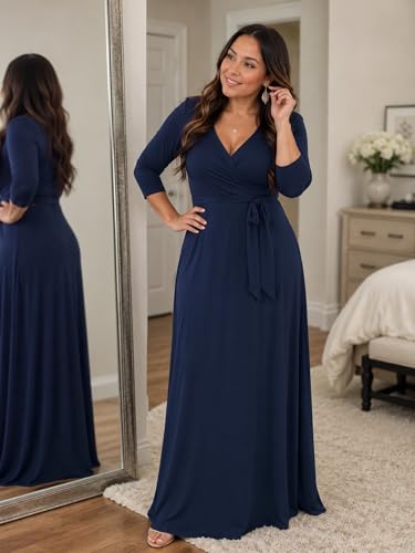 Image of PinkPatty Plus Size Maxi Dress for Women 3 /4 Sleeve Casual Long Dress | Soft stretchy fabric, functional pockets, flattering wrap v neck for vacation, casual wear and everyday styling