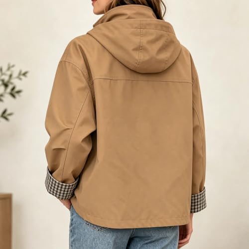 Cropped Trench Jacket Women with Detachable Hood Fall Plaid Casual Coats - image 5
