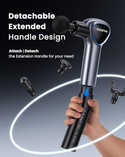 Pistola Massaggio Muscolare con Manico Staccabile, RENPHO Reach pistola per massaggi, 5 velocità, 4 testine massaggianti, LED, 2 in 1 Massaggiatore a Percussione Profonda - Immagine 1