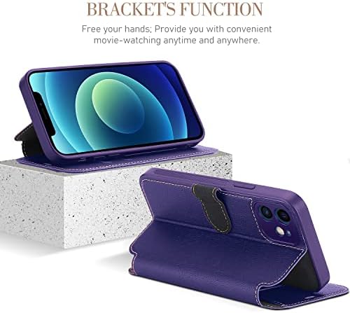 ELESNOW Case iPhone 12-6.1", Premium Leather Wallet Flip Cover [Full Lens Protection] [Magnetic Closure] Compatible with Apple iPhone 12 (Purple)