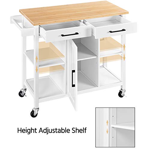 Yaheetech Kitchen Island On Lockable Wheels With Bamboo Countertop, Rolling Kitchen Trolley Cart With 2 Drawers And Adjustable Shelves, Compartment Cabinets And Towel Bar, 38.5X18X36 Inches, White #TOP4