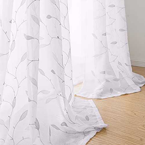 Lazzzy White Sheer Curtains Embroidered Floral Bedroom Curtains Farmhouse Leaf Voile Drapes For Living Room Privacy Window Curtain Set Of 2 Panels Grommet Top 63 Inch Length Grey On White #TOP6