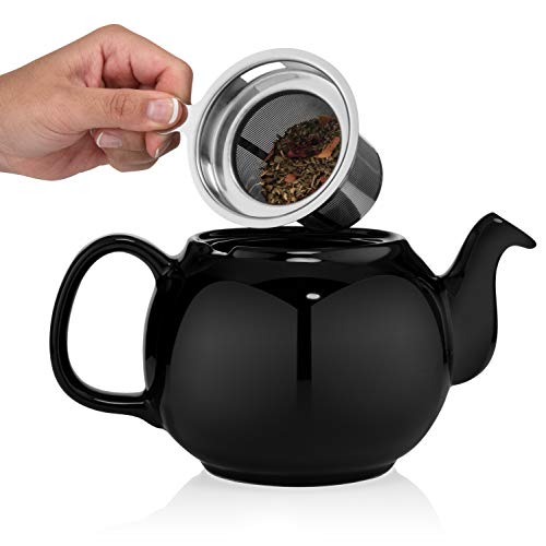 Image of SAKI Large Porcelain Teapot, 48 Ounce Tea Pot with Infuser, Loose Leaf and Blooming Tea Pot - Black