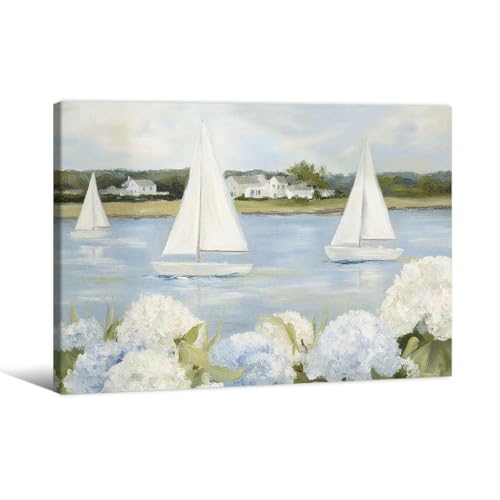 Light Blue Sailboat Hydrangea Wall Art 12X16 Inch Wrapped Framed Summer Nautical Coastal landscape Poster Preppy Aesthetic Canvas Painting for Beach House Wall Decor by YYS - Used condition - US$9.22