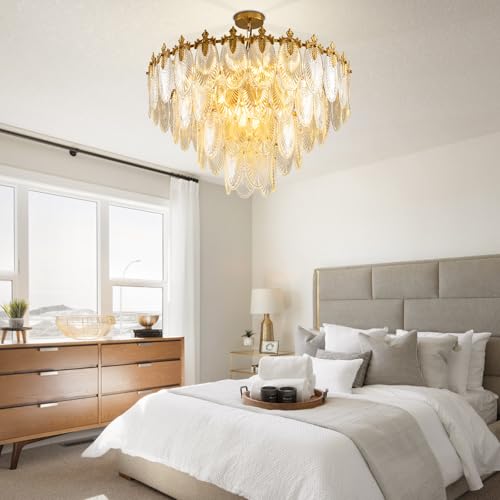 KELUOLY Modern Large Crystal Chandelier, 4-Layer Gold Glass Chandelier, 12 Light Round Antique Ceiling Pendant Light, 31.5 Inchs Adjustable Height for Foyer, Living Room, Bedroom, Dining Room by KELUOLY - Image 9