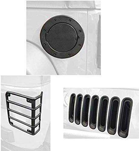 Rugged Ridge Black Aluminum Fuel Door Cover, Rear Euro Tail Light Guard Pair and Grille Insert