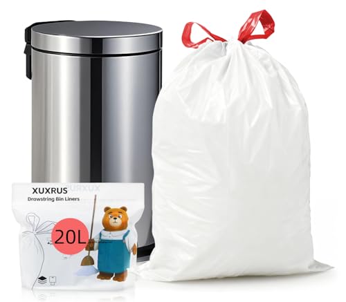 XUXRUS Bin Liners with Drawstring 20 L Bin Bags for 15-20 Litre Bin White Bin Bags Tear-Resistant Pack of 60 Waste Bags for Kitchen Bathroom