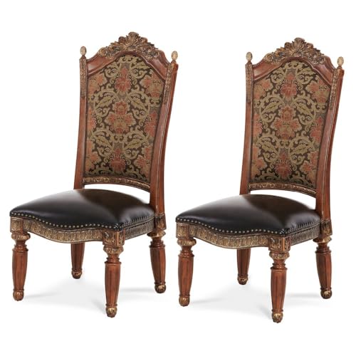 Michael Amini Villa Valencia Brown Dining Side Chair Set of 2 Solid Rubberwood Frame with Chenille Jacquard Backrest Velvet Back Leather Seat Durable Construction and Classic Style