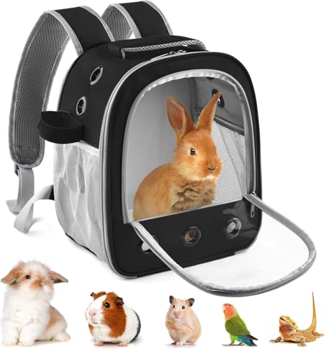 Meerschweinchen Rucksack Transportbox Tragbare Kaninchen Reisetasche für Kleintiere Ausgeh-Tasche mit Trinkflaschenhalter & Abnehmbarer Unterlage (Schwarz)