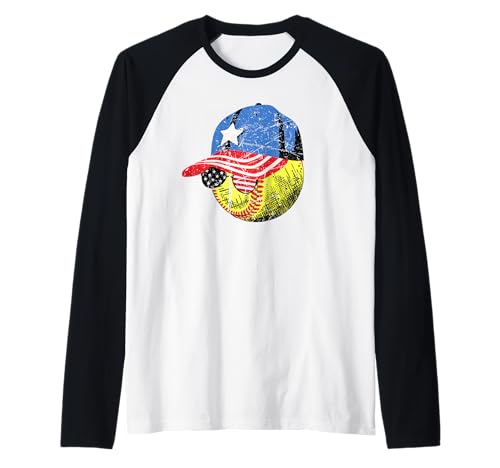 Gorra patriótica retro divertida del 4 de julio de softball EE. UU Camiseta Manga Raglan