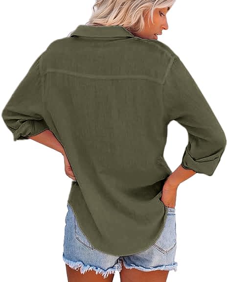 Womens Button Down Shirts Long Sleeve Dress Linen Shirts Casual Collared Cotton Button Up Blouses Oversized Tops with Pockets - Image 4