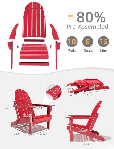 Folding Adirondack Chair - Durable HDPE Poly Lumber All-Weather Resistant, Foldable Oversized Balcony Porch Patio Outdoor Chair for Lawn, Backyard, Deck, Garden, Camping - Easy Installation, Red