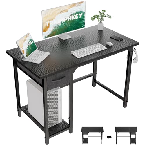 TRIUMPHKEY Escritorio de Oficina con Cajones,100cm Escritorio de Ordenador con Gancho, Mesa de Juego Reversible, Escritorio de Ordenador de Estilo Moderno para Dormitorio y Oficina en Casa Negro