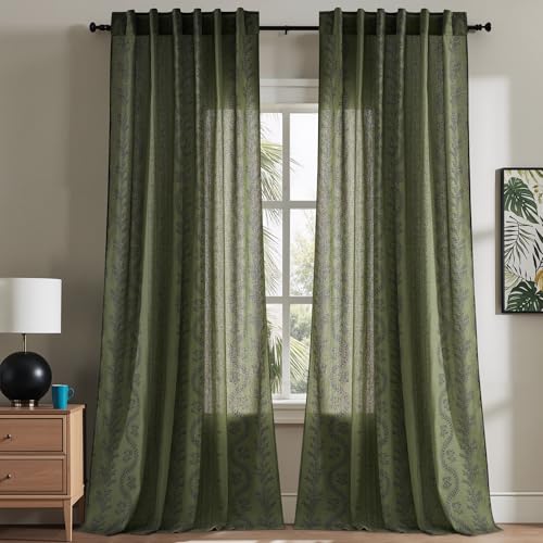 NICETOWN Floral Curtains 2 Panels, 52x84 Inch per Panel, Olive Green with Black Leaf Floral Print, Faux Linen Light Filtering Privacy, Retro Cottage S