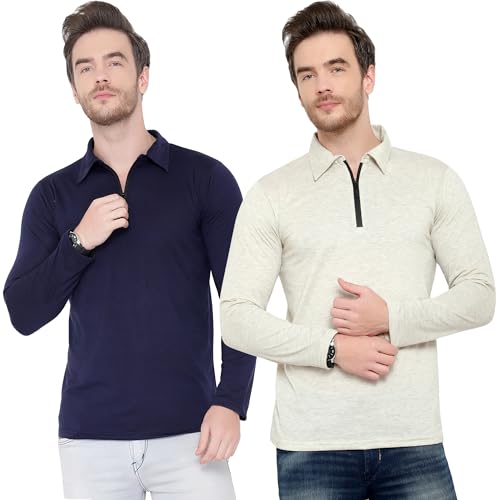 Image of Men's Cotton Blend Full Sleeve Zip Neck Polo T-Shirt (Pack of 1)