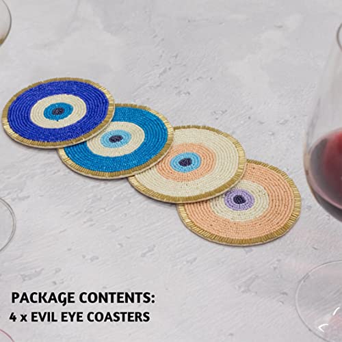Folkulture Beaded Coasters For Drinks Or Coffee Table, 4' Round Decorative Coasters, Cute Coasters For Table Décor, Boho Coaster Set For Cocktail, Evil Eye Coaster For Farmhouse #TOP5