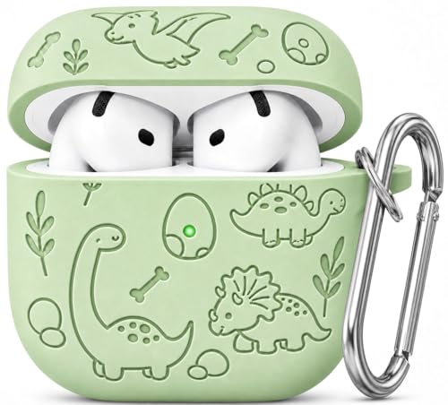 Image of Emoh Roced Case for Airpod 4 with Keychain,Silicone Dinosaur Engraved Cases Compatible with Apple AirPods 4th Generation 2024, Anti-Scratch, Protective Case Cover (Mint Green, for AirPods 4)