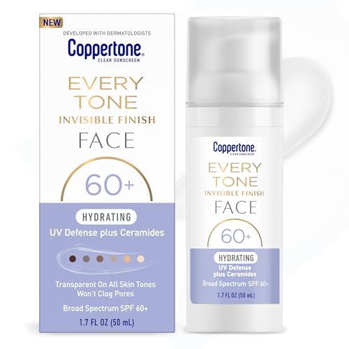 Coppertone Every Tone Invisible Finish Hydrating UV Defense Face Sunscreen SPF 60+ with Ceramides, Lightweight, Blends in Clear Sunscreen for All Skin Tones, 1.7 Fl Oz Pump Bottle