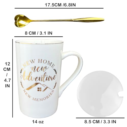 Housewarming Gifts for New Home - 14oz Ceramic Coffee Mugs Set, New Adventure New Memories Cup for Couple, First Home Essentials with Lids & Spoons in Luxury Gift Box - Image 3