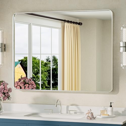 Image of TETOTE Brushed Nickel Bathroom Mirror 40 x 30 Inch Brushed Nickel Metal Framed Bathroom Mirror, Tempered Glass, Modern Farmhouse Wall Mounted Mirror for Decorative(Horizontal /Vertical)