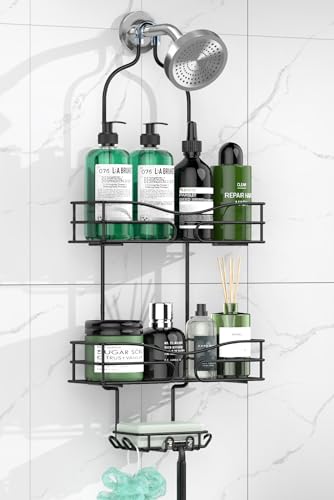DAOYA Bathroom Shower Caddy Hanging – 3-Tier Organizer with Soap Holder & 6 Hooks for Towels, Sponge; Fits 21mm Shower Head Arm, Black