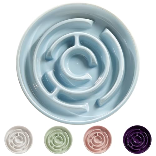 Ceramic Slow Feeder Dog Bowl,1.5 Cups Pet Slow Feeder for Small and Medium Breed,Puzzle Dog Food Dish,Anti-Gulping,Stop Bloat,Preventing Choking(Blue)