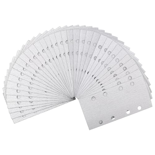 HWXINIE サンディングペーパー 93X185mm マジック式 8種 40枚 (#60#80#120#180#240#320#400#600 各5枚) 電動サンダー用ペーパー オービタル サンダー ペーパー 角サンドペーパー 吸塵8穴付 白 四角 塗装仕上げのサンディング 金属磨き 木工DIY作業に 詰まり防止紙やすり