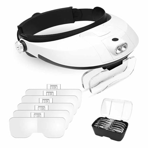 Image of Headband Magnifier, Head Mount Magnifying Glass with LED Light for Close Work Jewelers Loupe Eyelash Extensions Watch Repair Reading