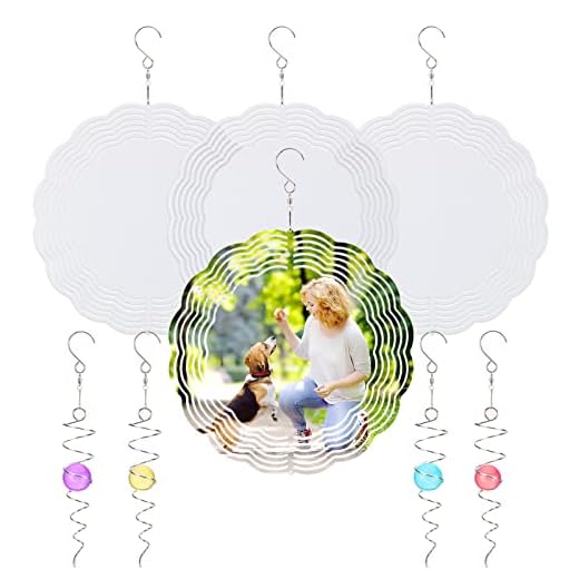 4 Pack Sublimation Wind Spinner & 4 Pack Ball Spiral Tail, 3D Aluminum Sublimation Wind Spinner Blanks Kinetic Sculpture, 10 Inch DIY Crafts Suspension Deco for Indoor Outdoor Yard Window Wind Chimes