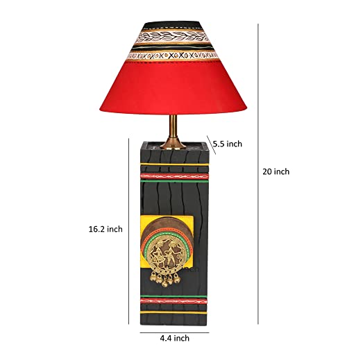 Image of AAKRITI ART CREATIONS MDF Board Table Lamp for Study Room, Bedroom & Living Room Decoration | Dhokra Dhokra Tribal Motif Bedside Lamp with Cotton Fabric Shade | Aesthetic Night Lamp