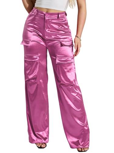 XNMHL Satin Cargo Pants for Women High Waisted Wide Leg Pants with Pockets