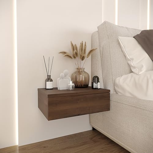 Komto Regał Ścienny z Szufladą - Zestaw 2 Sztuk Półki Wiszące na Ścianę Szafki Nocne do Sypialni Salonu Kolor Orzech | Monaco 42 X 30 X 15 Cm