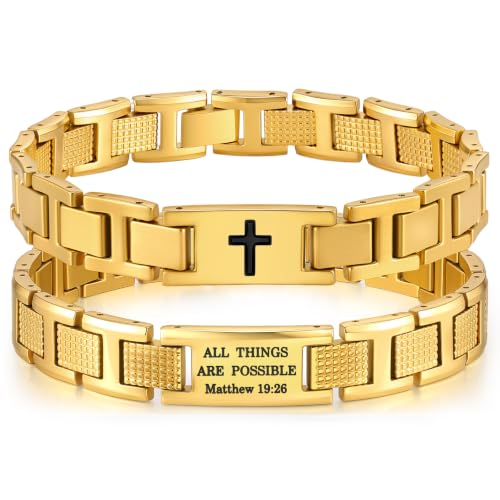 VNOX Gold Stainless Steel Bible Verse Cross Bracelets for Men,Matthew 19:26