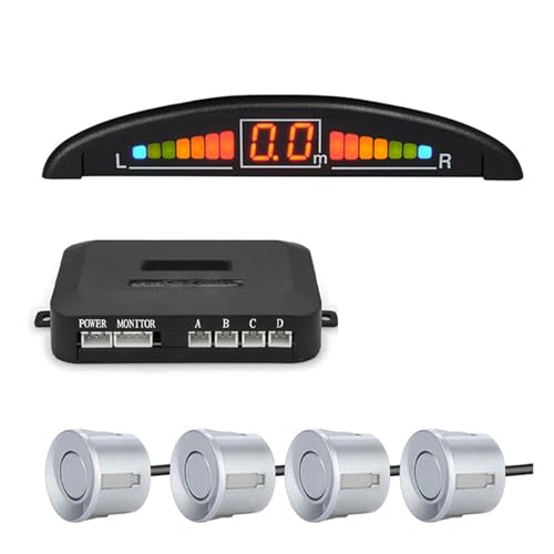 Sensor de Marcha atrás Kit de sensores de Aparcamiento con 4 radares LED, Pantalla Digital precisa de Distancia de obstáculos, Alarma, Detector Parktronic Sensor Marcha Atras Coche(Silver Sensors)