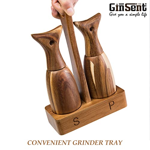 Ginsent Wooden Salt And Pepper Grinder Set With Portable Tray,Premium Acacia Wood Salt Grinder And Pepper Mill,Refillable Pepper Grinder With Adjustable Coarseness(3 Pieces Set) #TOP3