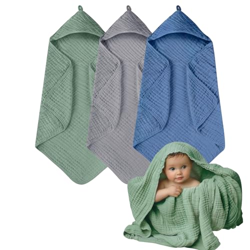 Image of Muslin Hooded Towels, 3 Pack Cotton Bath Towels With Hood for Newborn, Infant, Toddler - Soft and Absorbent Baby Shower Essential (35 X 35'') (Green + Grey + Dark Blue)